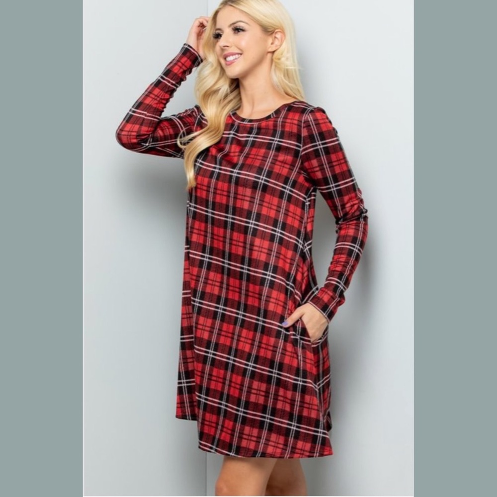 Red Plaid Dress Long Sleeves with Pockets - Picture 5 of 6